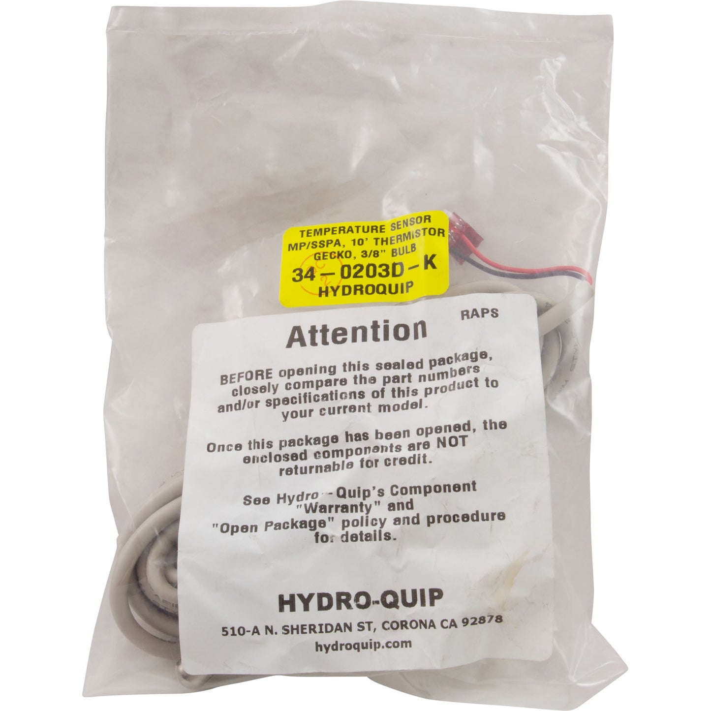 Sensor, Temp, HydroQuip, 10ft, 3/8"dia, 4-pin, After 5/03
