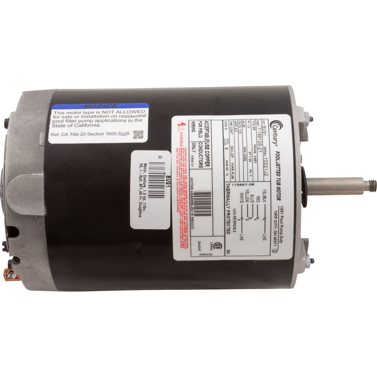 Motor, Century, 1.0 hp, 115v, 9A, 1 Speed, SF1, 48 Frame