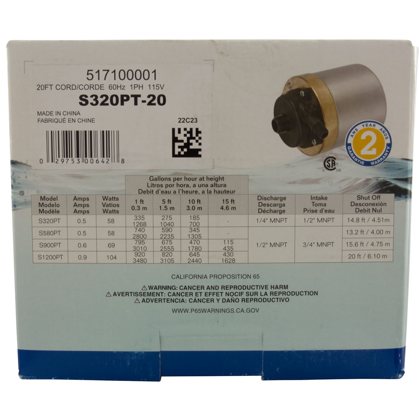 Pump, Circ, Little Giant S320PT-20, 115v, 335gph, 1/4" x 1/2"