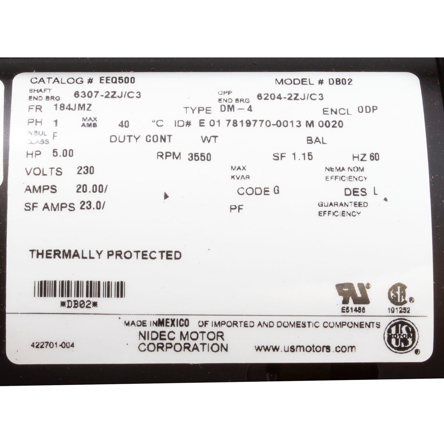 Motor, US Motor, 5.0 Horsepower, 230v, Single Phase