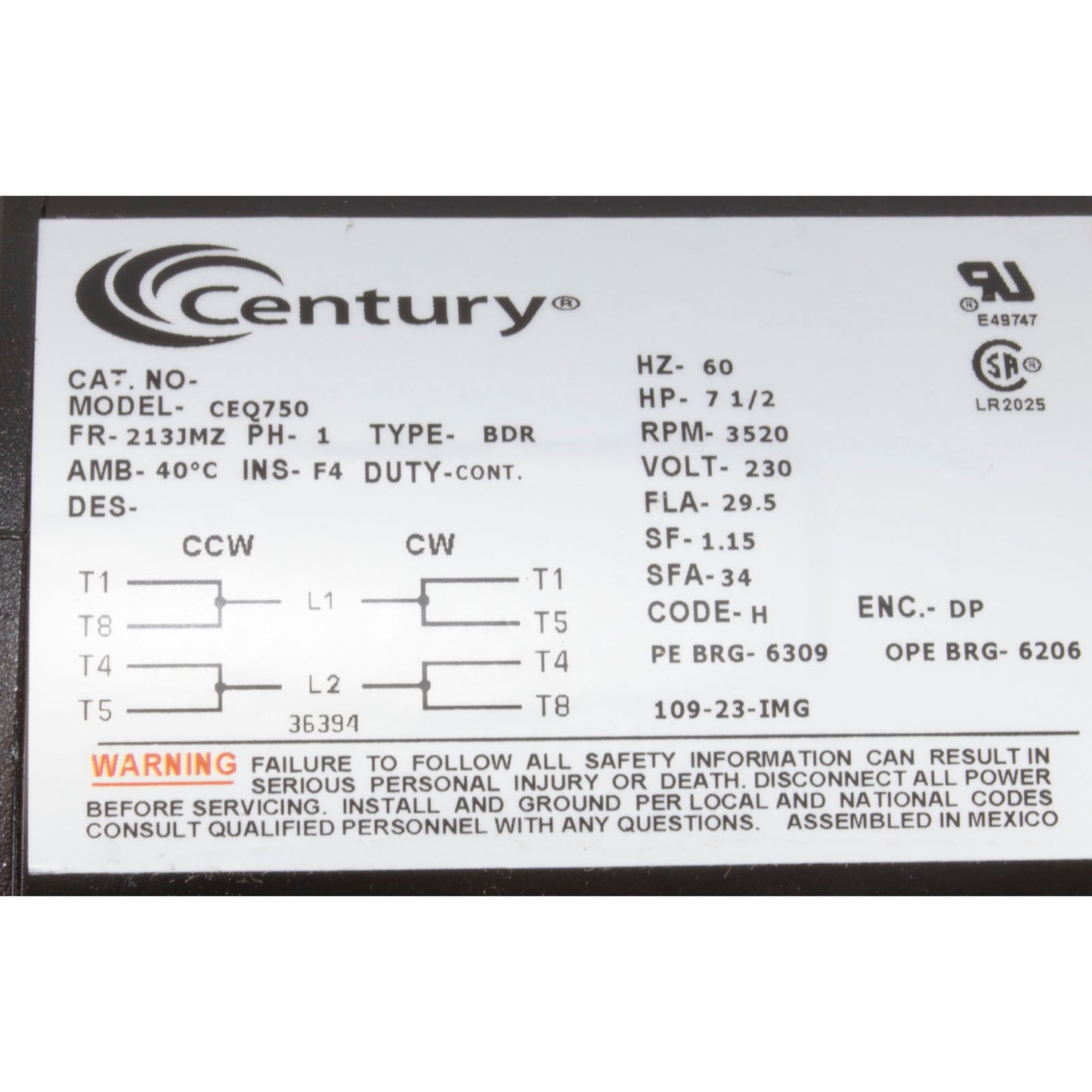 Motor, Century, 7.5hp, 230v, 1-Speed, 1 Phase, EQ Series