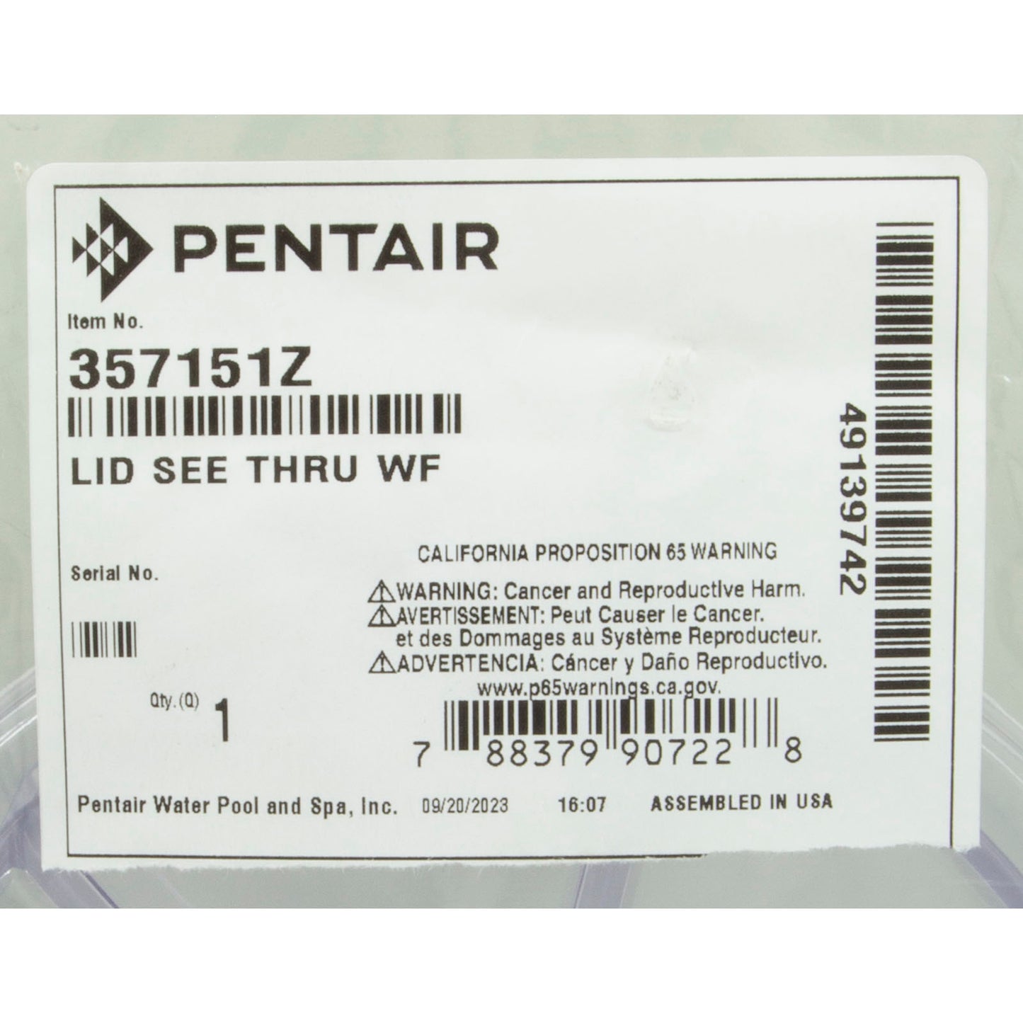 Tapa de trampa, Pentair WhisperFlo, posterior a 11/98, transparente