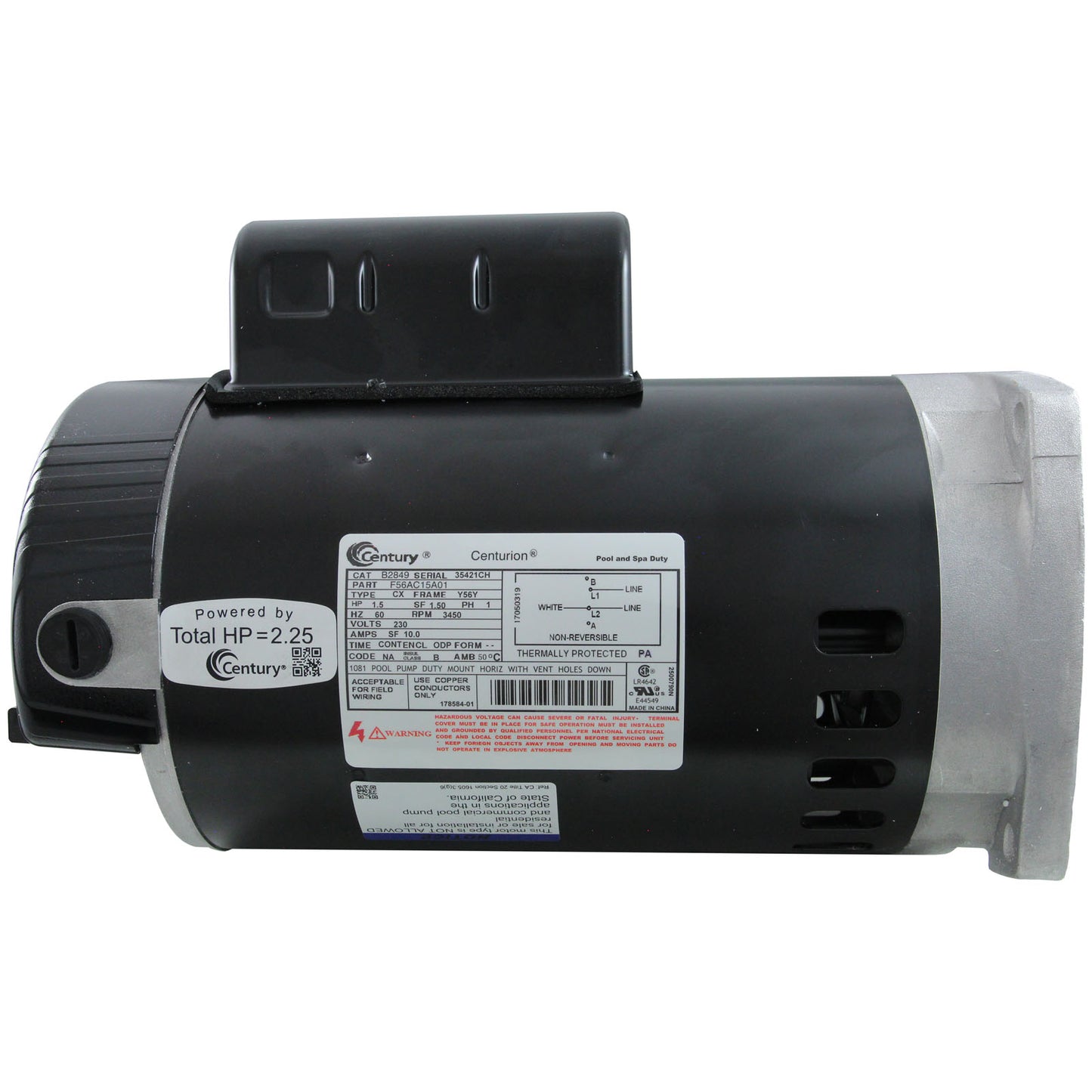 Moteur, Century, 1,5 cv, 1 vitesse, 230 V, SQFL, châssis 56Y