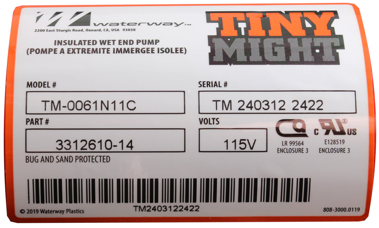 Pump, Circ, WW Tiny Might, 1/16hp, 1" Union, 115v, 60hz, OEM