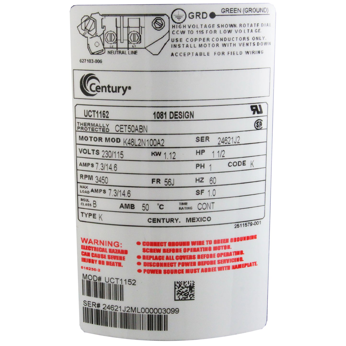 Motor, Cent, 1.5Hp, 115/230V, 1-Sp, Sf1, 56Jfr