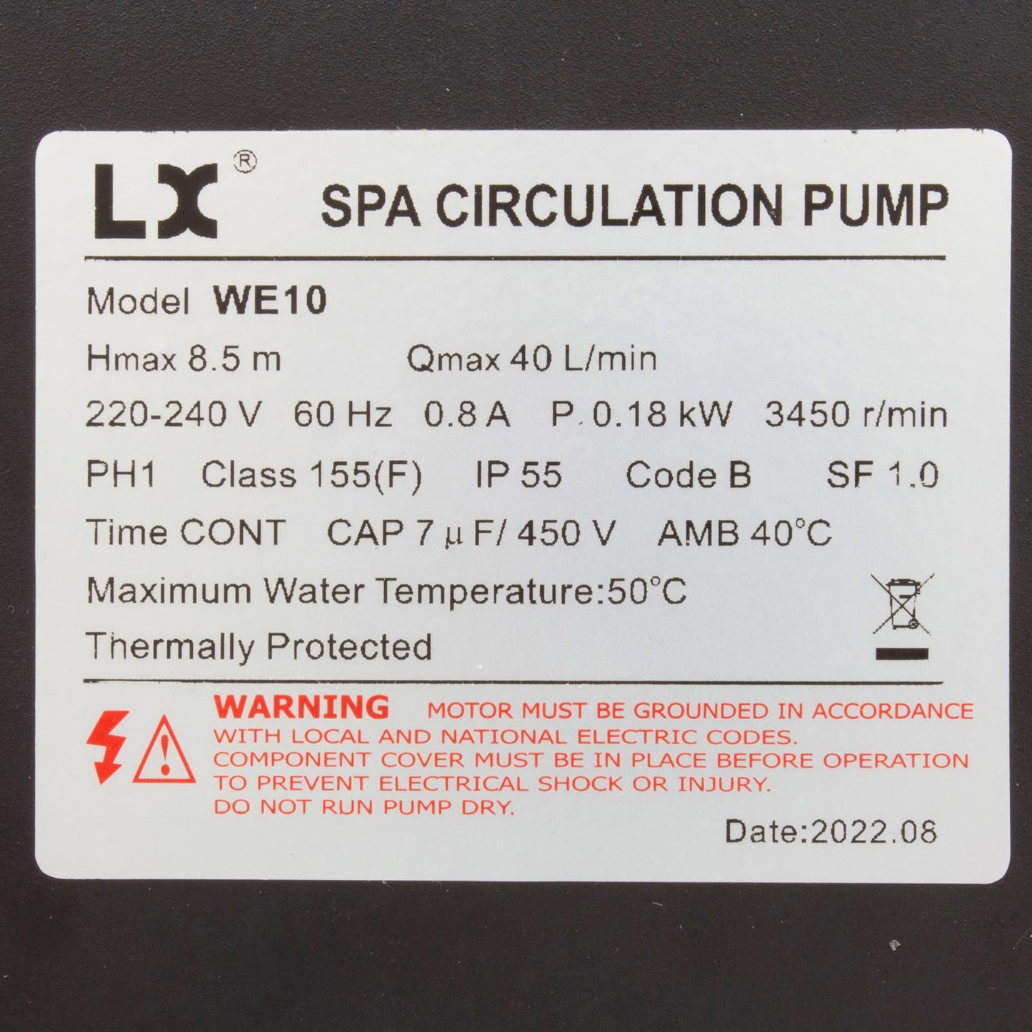 Pump, Circ, LX WE10, 230v, 3450rpm, 0.8A, 3/4"b