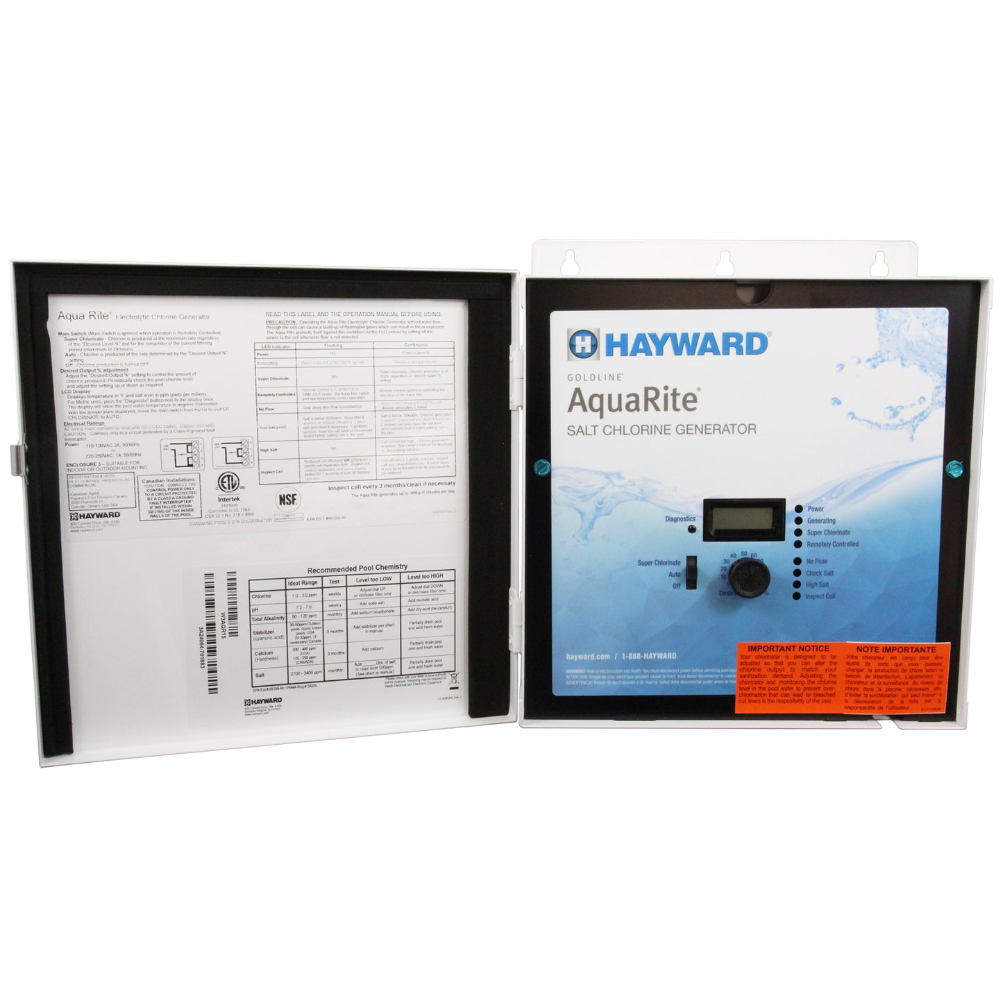 Salt Chlorine Generator, Hayward AquaRite Pro, 40K, w/ TCell