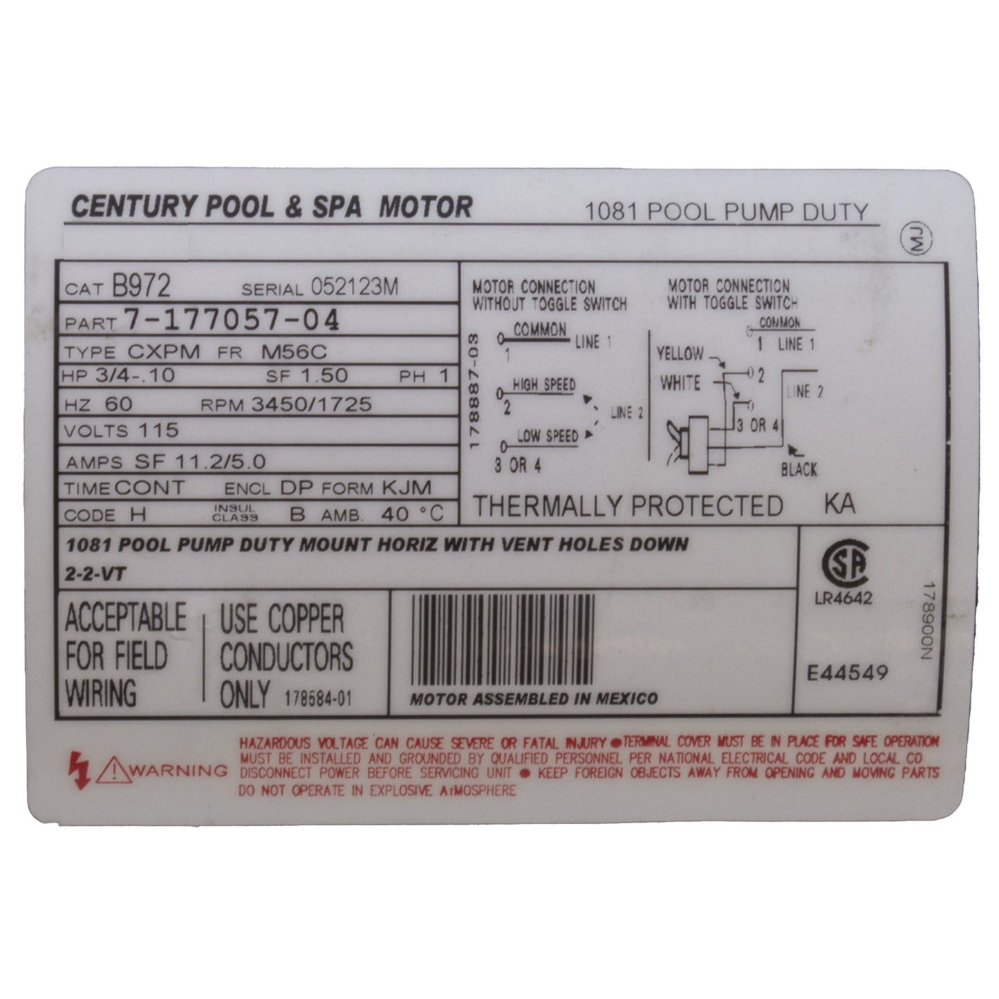 Motor, Century, 0.75hp, 115v, 2-Spd, 56Cfr, C-Face Key