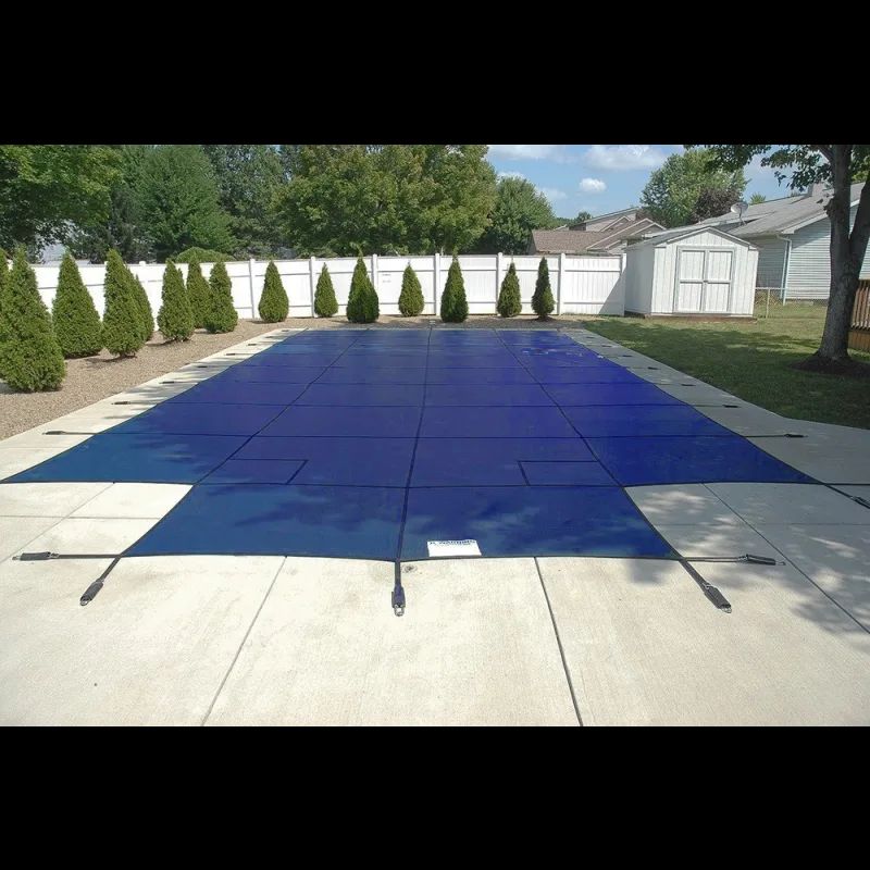 16' x 32' Blue Royal Mesh Rectangle Safety Cover with 4' x 8' Center End Step