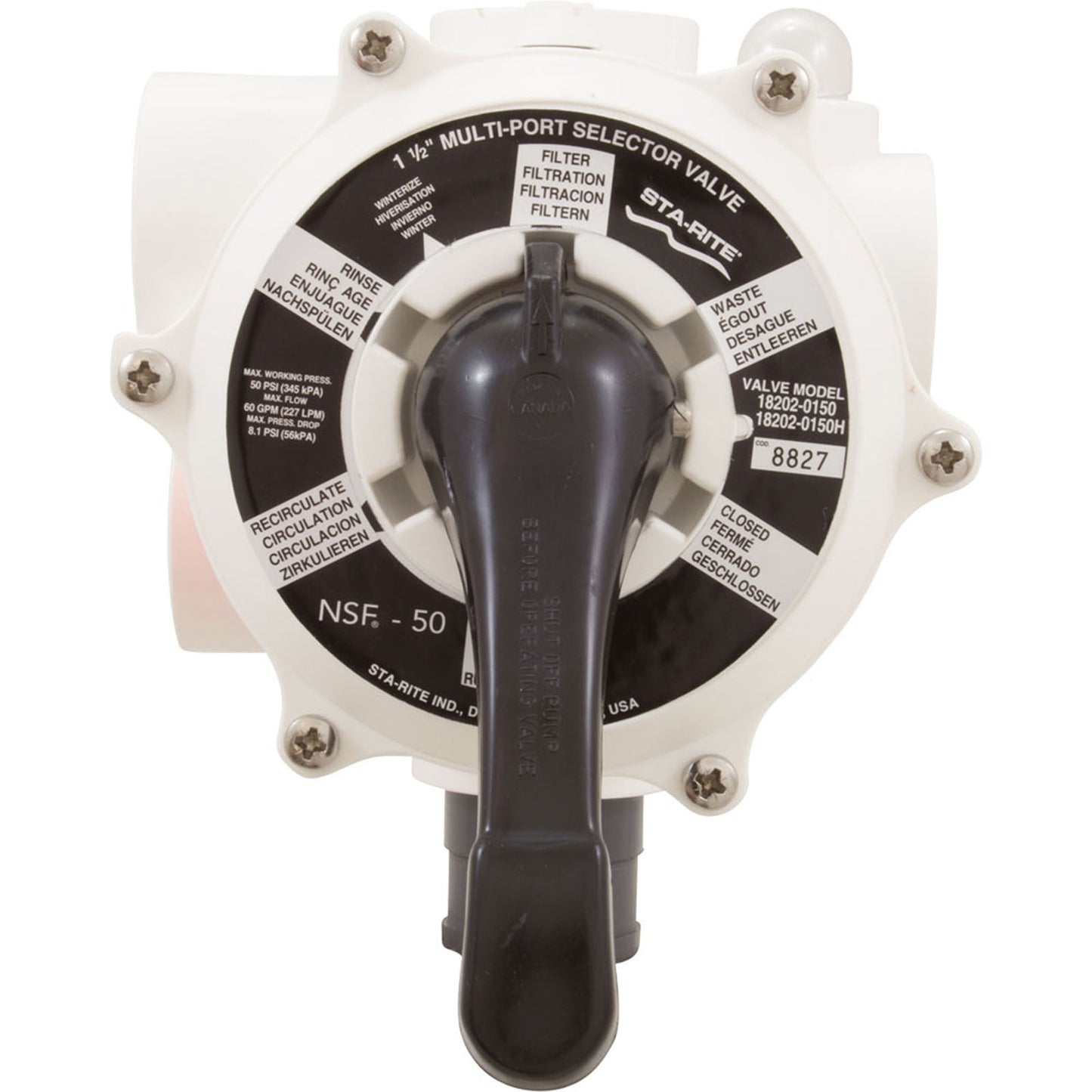 Multiport Valve, Sta-Rite Pentair 1-1/2" Side Mount, 6 Pos