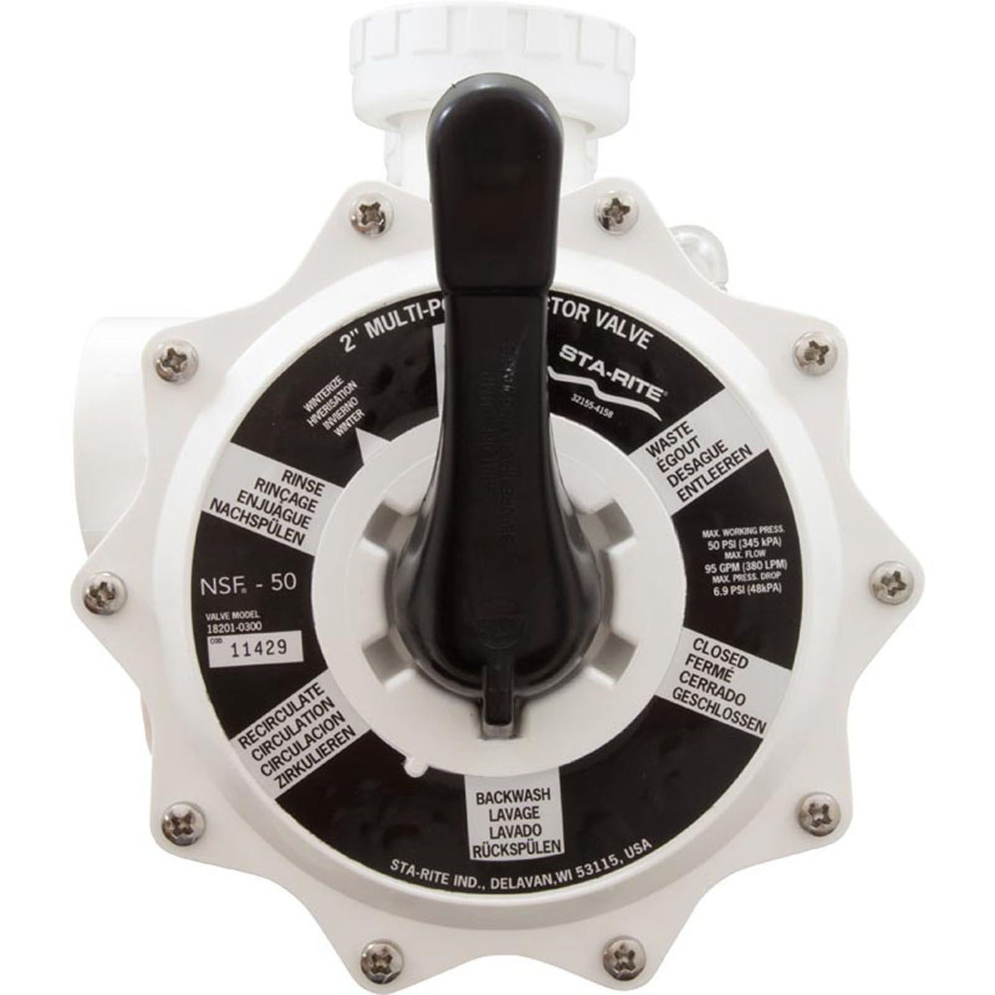 Multiport Valve, Pent System 3 DE, 2" ABS, w/Unions, 6 Pos