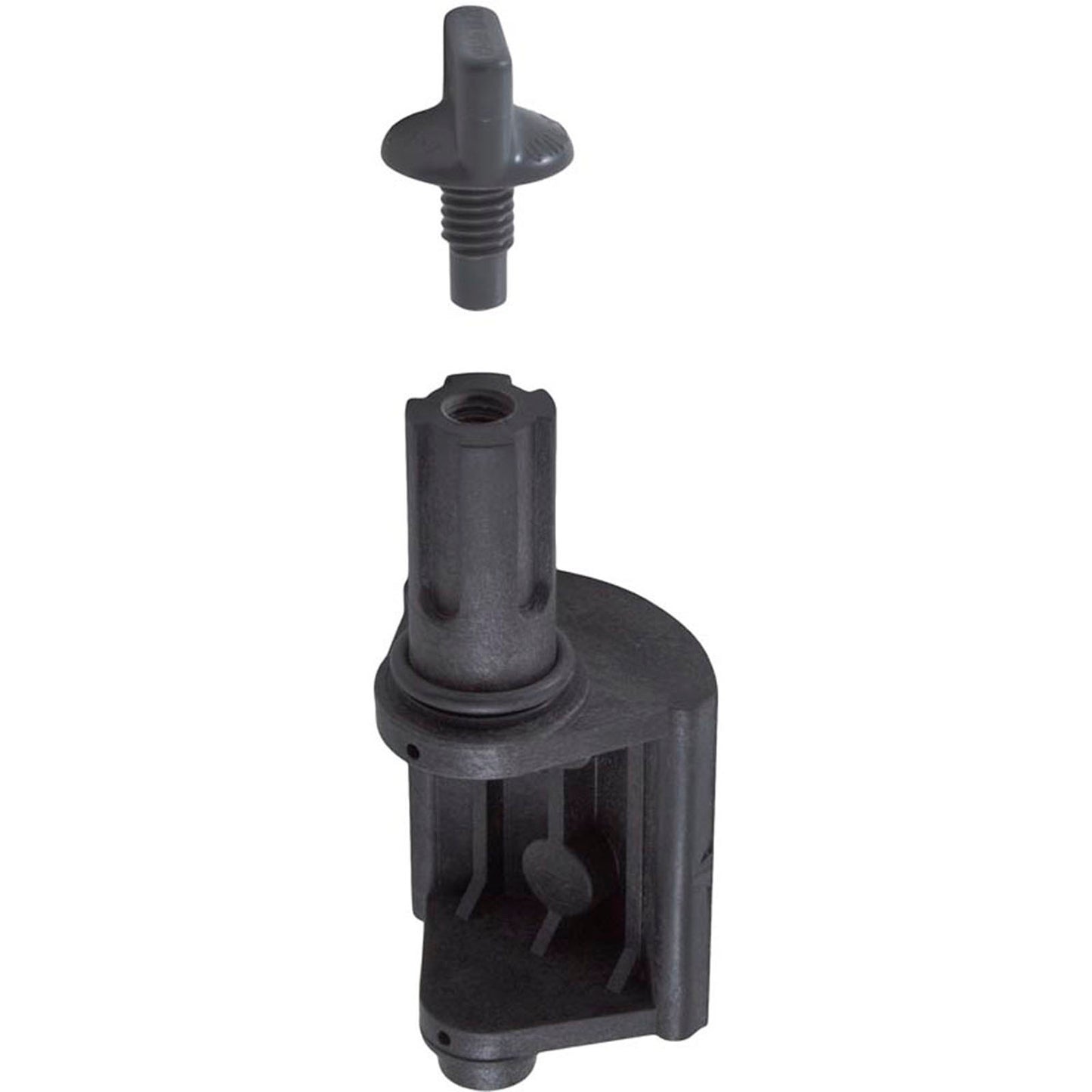 A black plastic pool valve, known as a diverter, with a non-positive seal design. The valve is shown disassembled with parts visible.