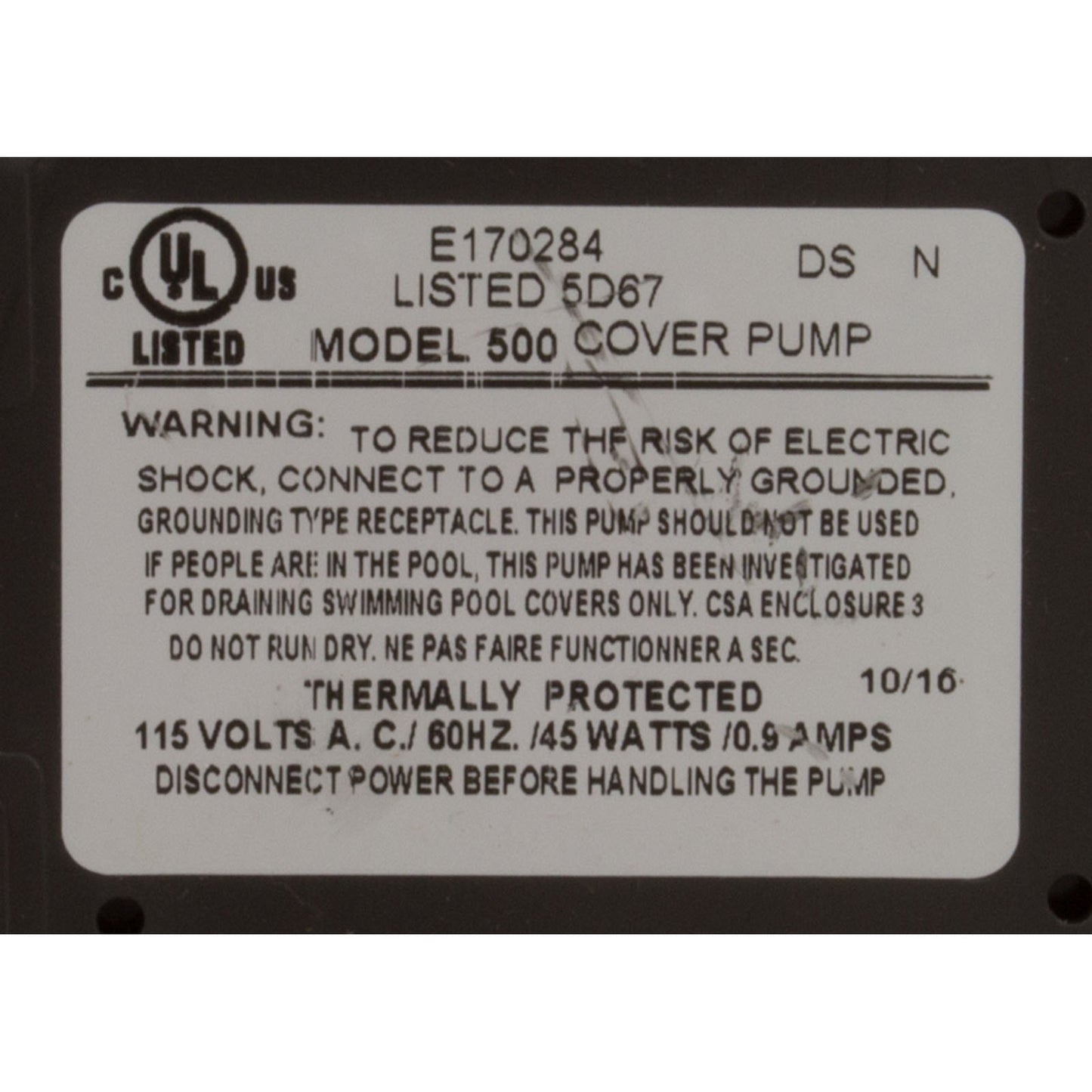 Pump, Submersible, Danner Cover Care Model 500, 45W, 3/4"GHT