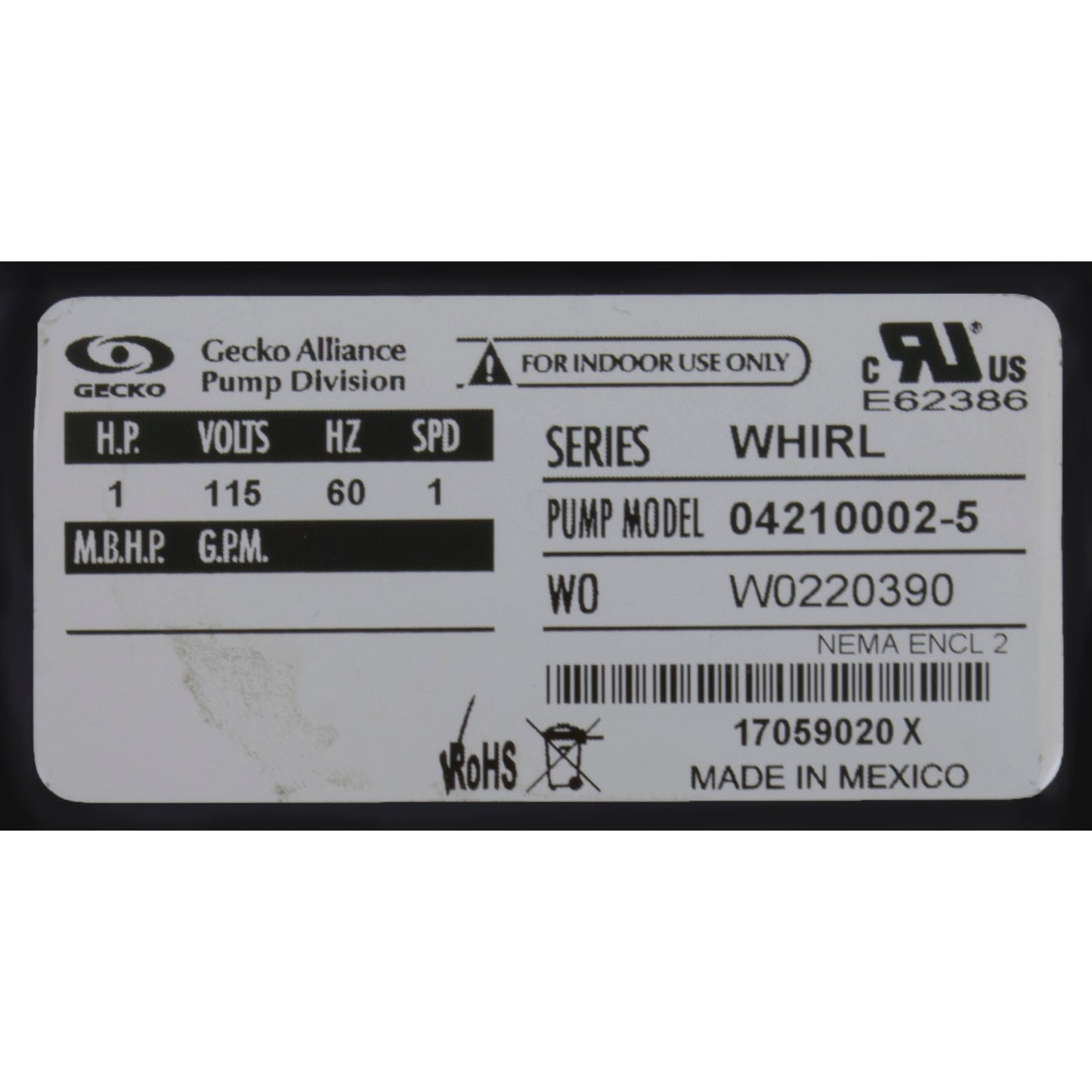 Pump, Bath, Gecko AquaFlo Whirlmaster, 1.0hp, 115v, 1-Spd, OEM, AS