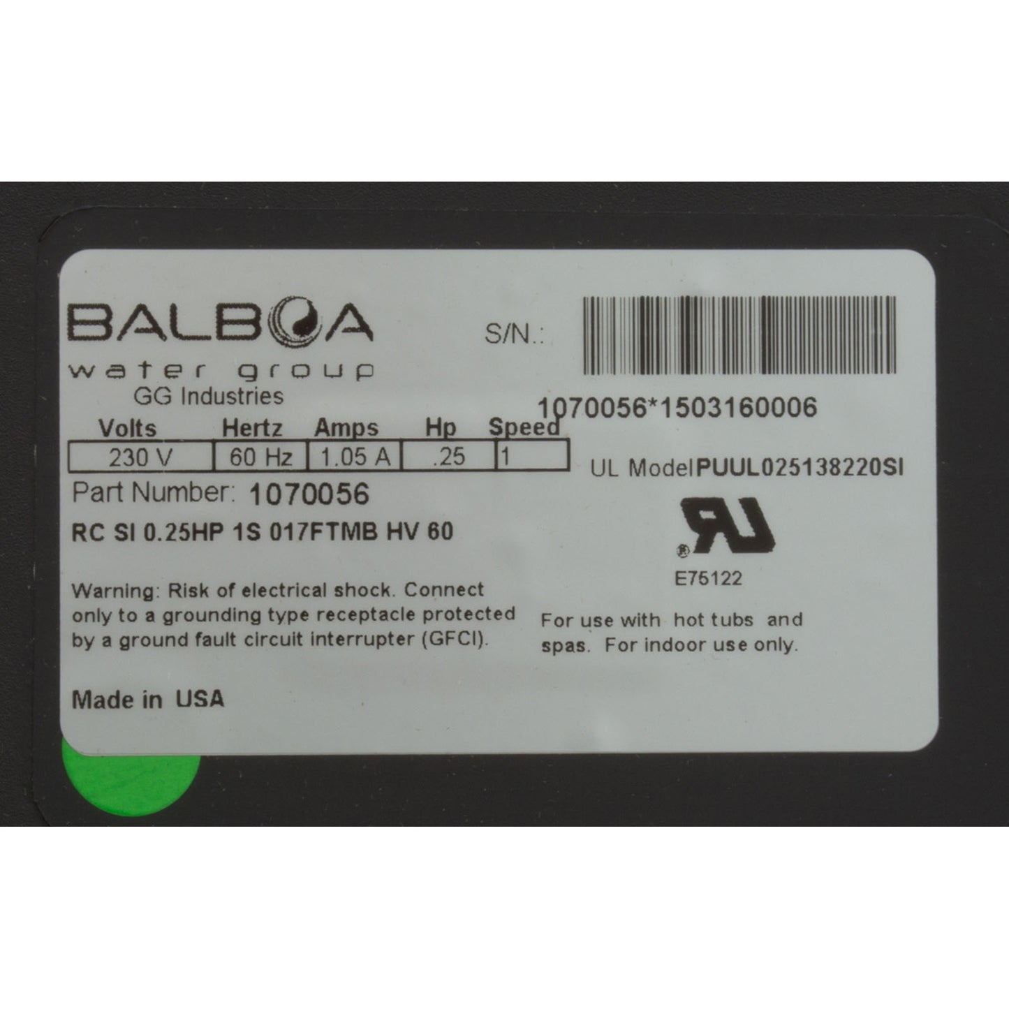 Pump, Bath, BWG Vico Power WOW, .25hp, 230v, w/Air Sw & Cord, OEM