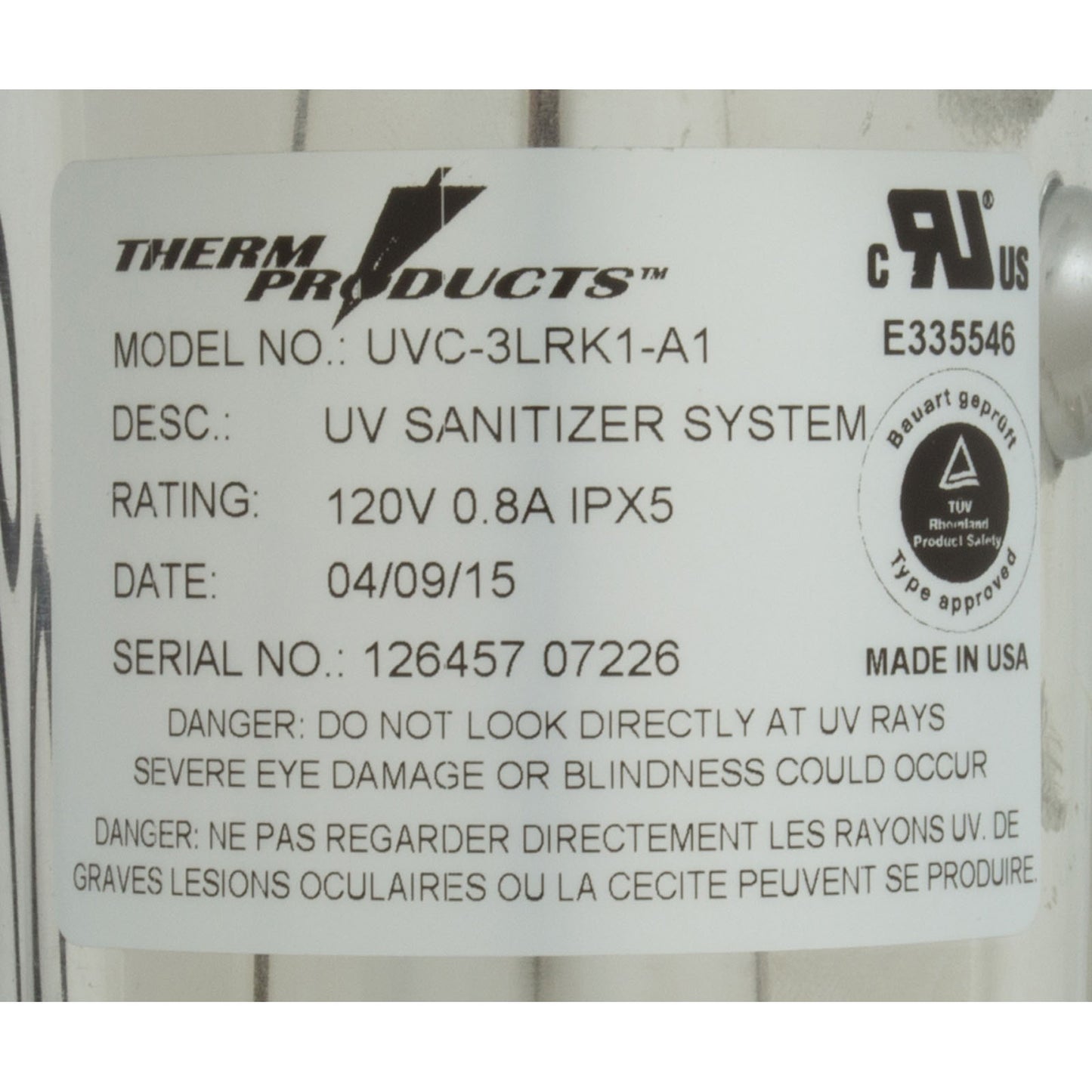 UV Generator, Therm 3L3, 115v, 5w, 3"od x 14-1/4"l, 3/4"b