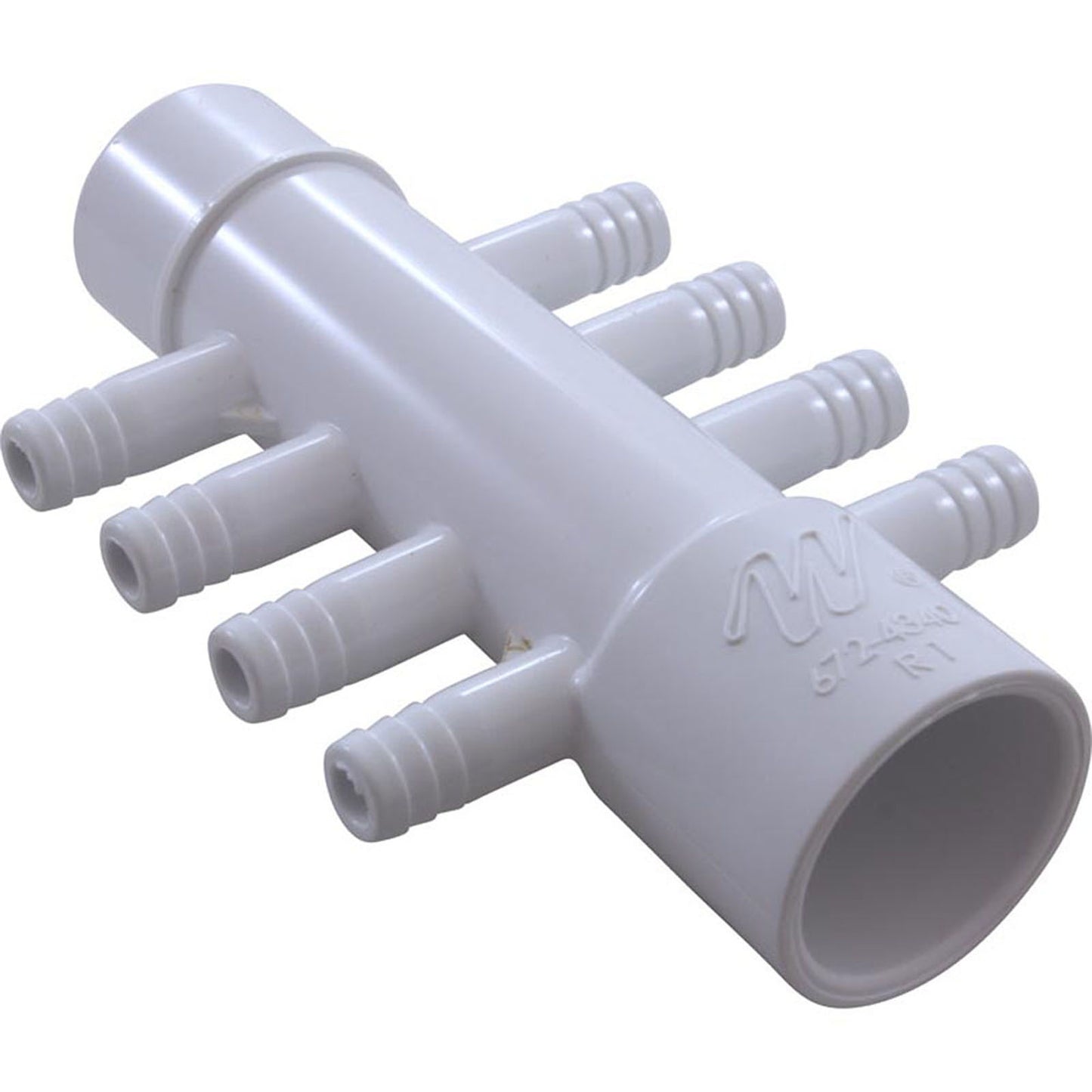 Manifold, 3/8" Barb, 8 Port, Flow Thru, 1" Slip x 1" Spigot