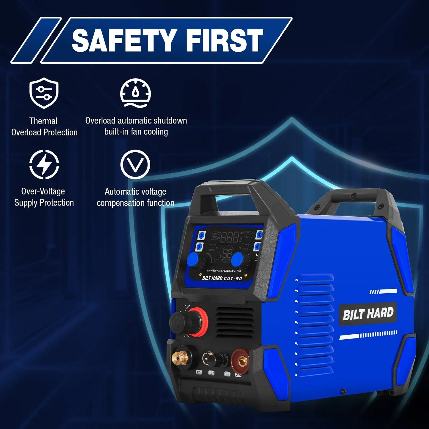 BILT HARD 50A Plasma Cutter, 110V/220V Dual Voltage Pilot Arc Plasma Cutter Machine, 5/8 inch Maximum Cut, IGBT Plasma Cutting Machine with Display Screen