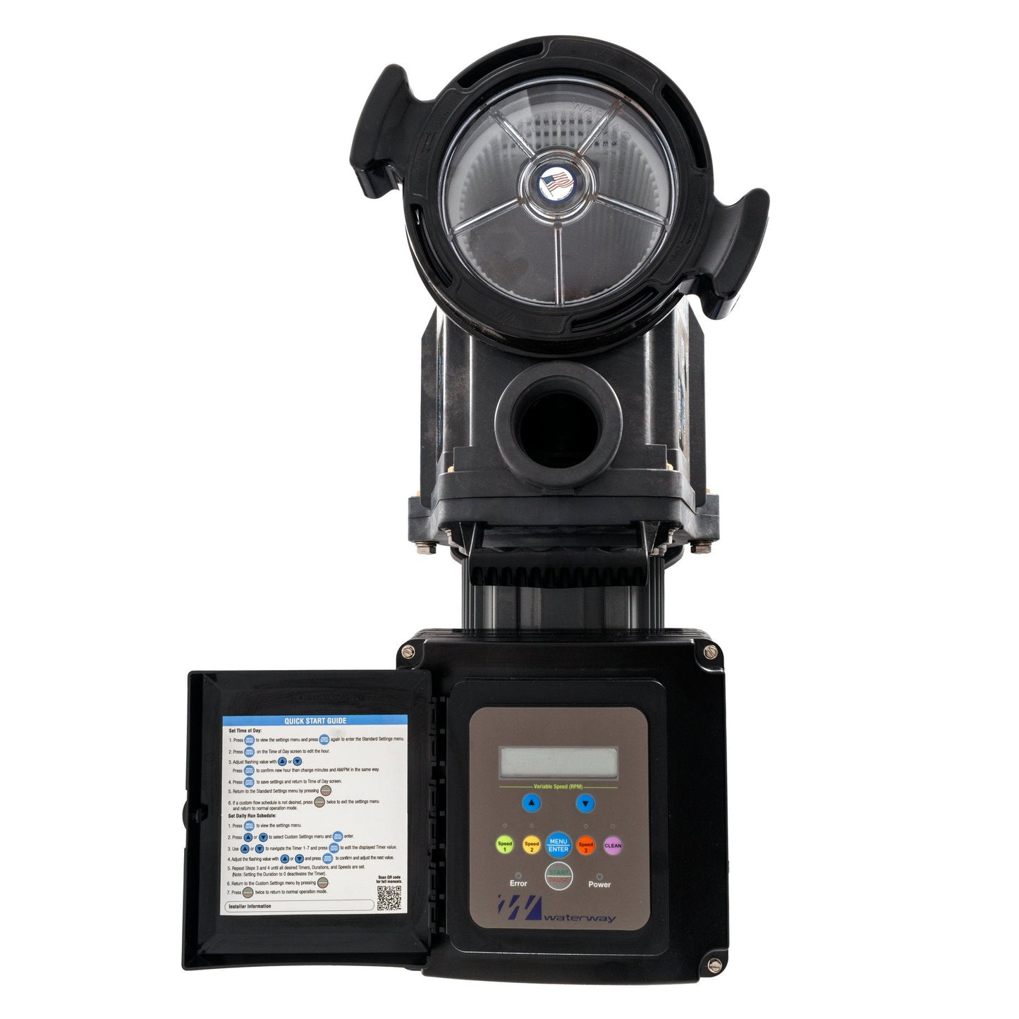 Black mechanical device with digital display on a white background