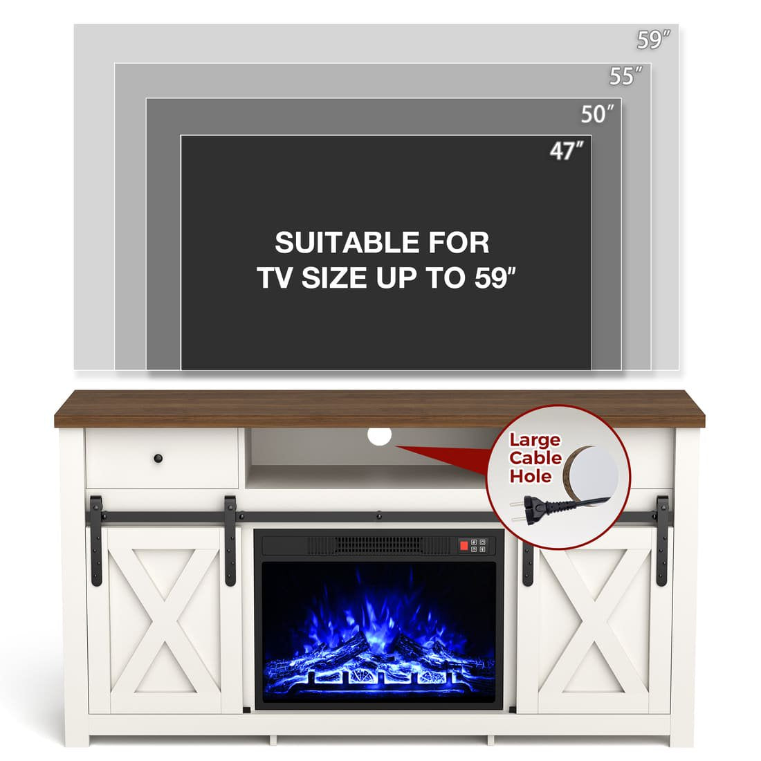 Pamapic 3-Sided Electric Fireplace TV Stand, Farmhouse Entertainment Center with 36" LED Fireplace & Glass Doors for Living Room