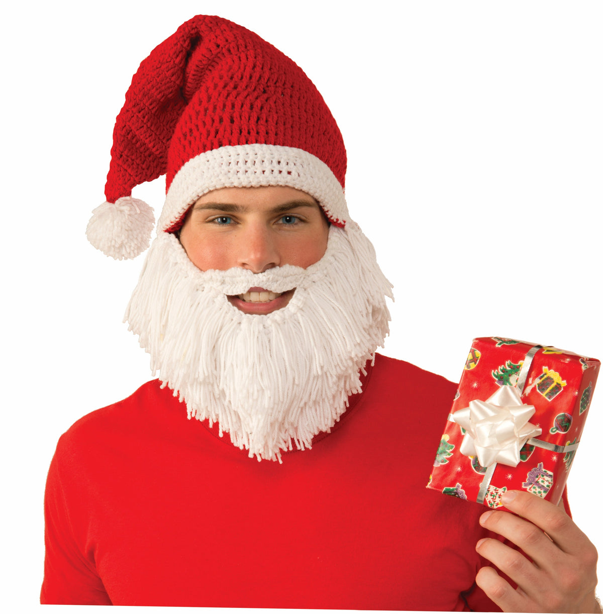 Santa Claus Knit Hat with Attached Beard and Mustache Fun Christmas Accessory