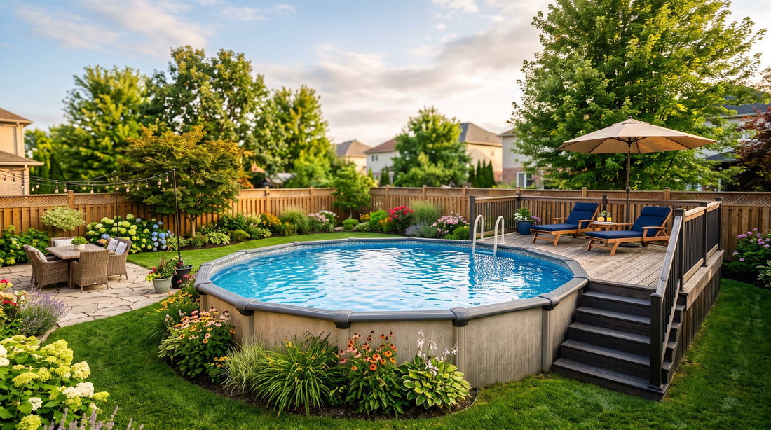 A round above-ground pool with a resin frame in a landscaped backyard
