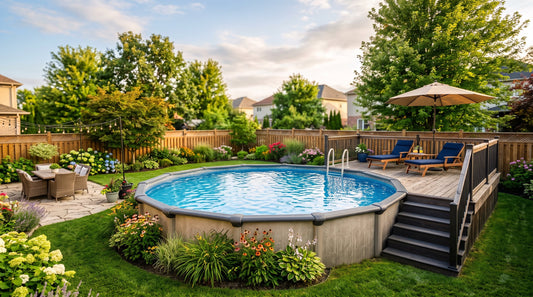 A round above-ground pool with a resin frame in a landscaped backyard