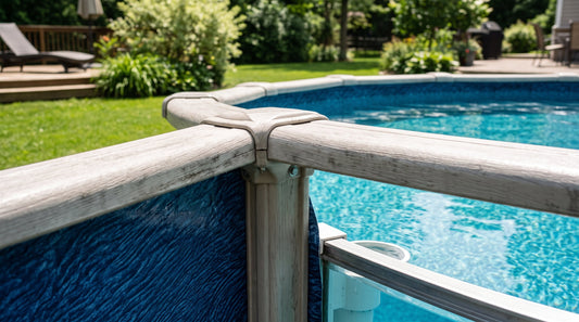 Close-up of an above-ground pool's resin top rail and frame