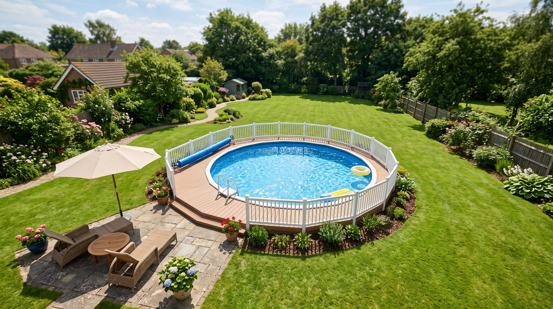 Overhead view of a round above-ground pool in a large backyard