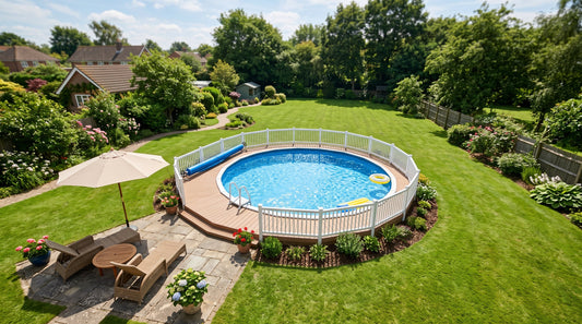 Overhead view of a round above-ground pool in a large backyard