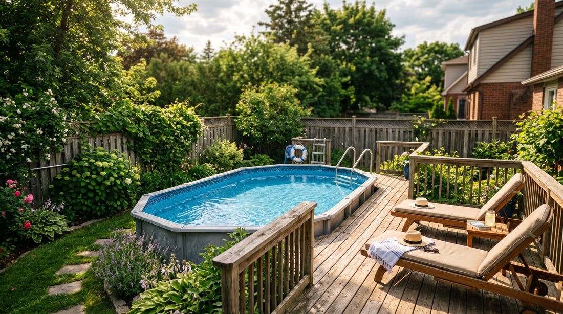 An oval above-ground pool set along a long, narrow backyard