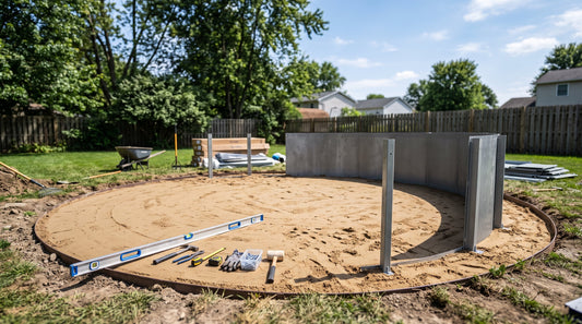 A partially installed above-ground pool wall on a leveled base