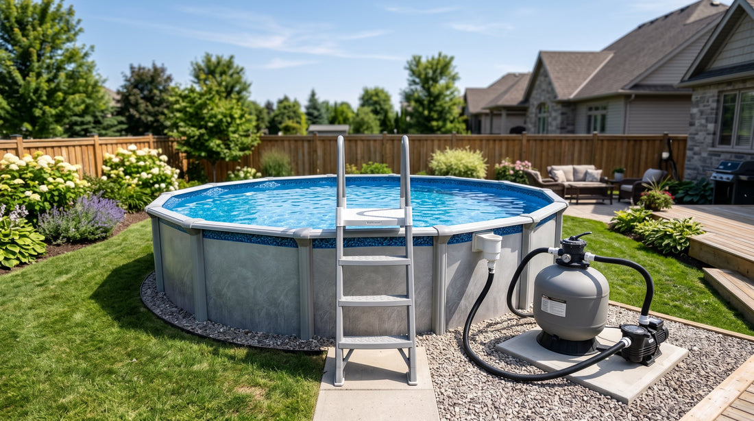 An above-ground pool with an A-frame ladder, sand filter and pump