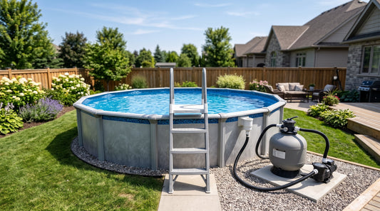 An above-ground pool with an A-frame ladder, sand filter and pump