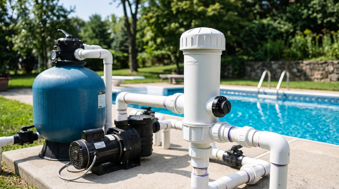 White automatic in-line pool chlorinator plumbed into PVC piping on a residential equipment pad beside a sand filter and pump, with an in-ground pool behind