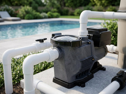 Newly installed Genesis pool pump on a backyard equipment pad next to a sparkling in-ground swimming pool