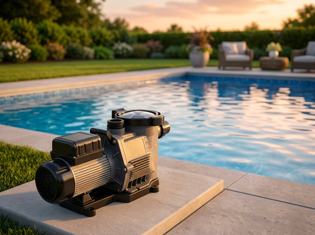Sunset poolside scene with a sleek Genesis variable-speed pool pump on a clean equipment pad