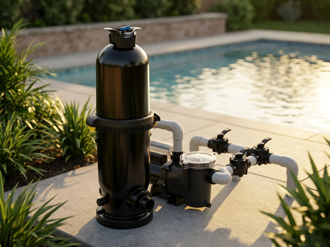New Genesis cartridge filter and pool pump on a backyard equipment pad at golden hour with a sparkling pool in the background