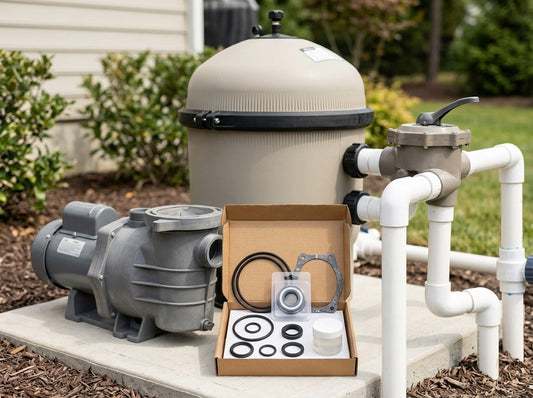 Pool equipment pad with pump, cartridge filter, and multiport valve, with an open repair kit box of O-rings and a mechanical shaft seal in the foreground