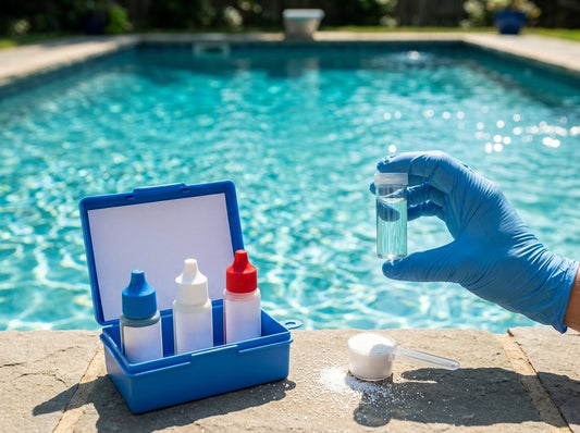 A pool water test kit and a scoop of calcium hardness increaser on the coping beside a clear blue pool