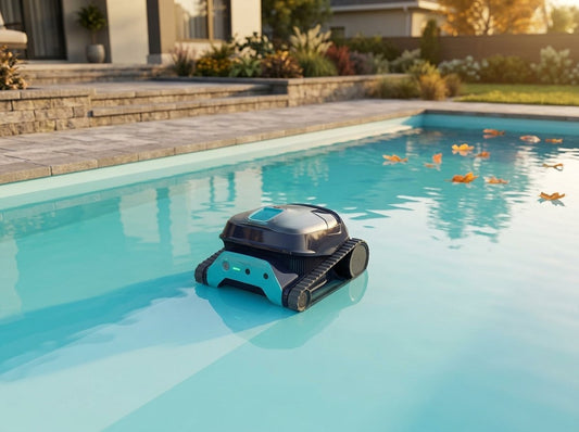Robotic pool cleaner working on the floor of a clean backyard swimming pool