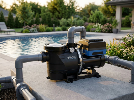Genesis variable-speed pool pump installed on a backyard equipment pad at golden hour as a Hayward TriStar replacement