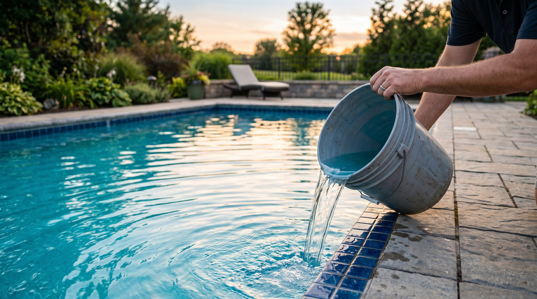 Pouring dissolved pool shock from a bucket into a pool at dusk