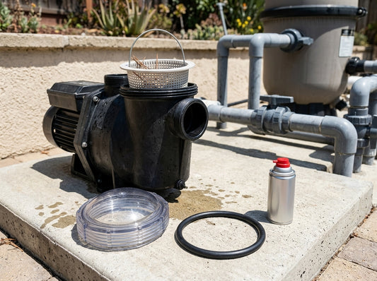 Open pool pump strainer with replacement o-ring on a daylight equipment pad