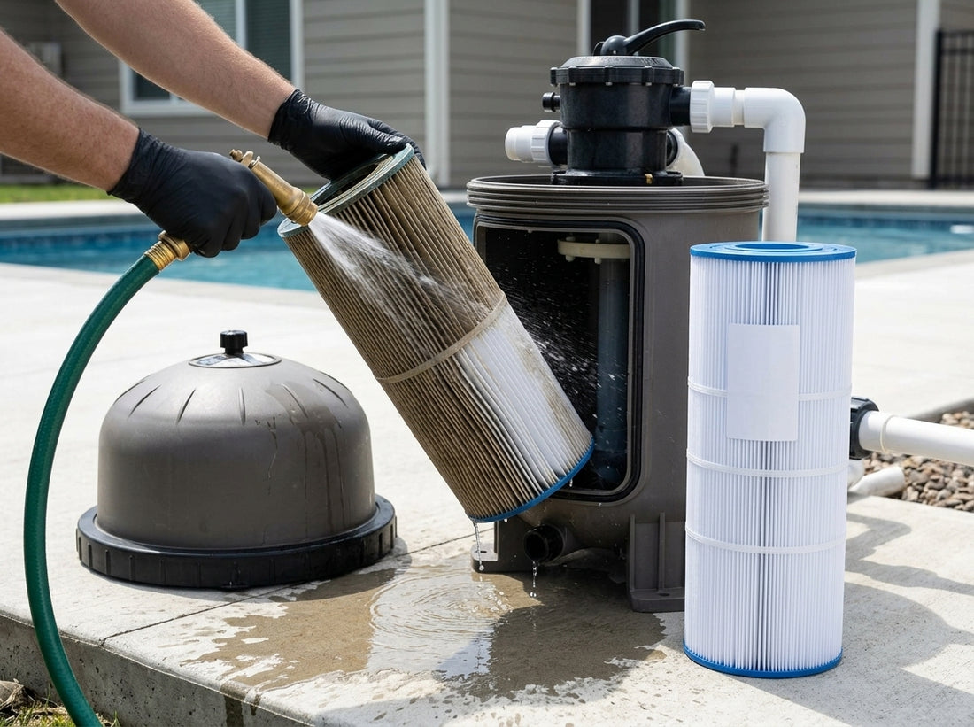 Open pool cartridge filter being rinsed on a daylight equipment pad