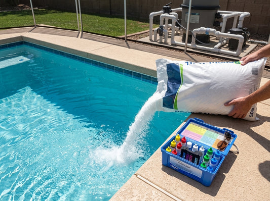Pool salt being added to a swimming pool with salt test kit nearby