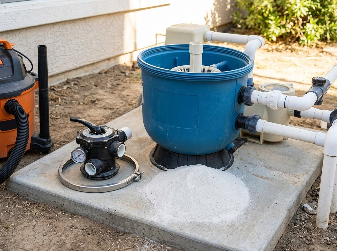 Open pool sand filter with multiport valve removed and fresh sand on the equipment pad