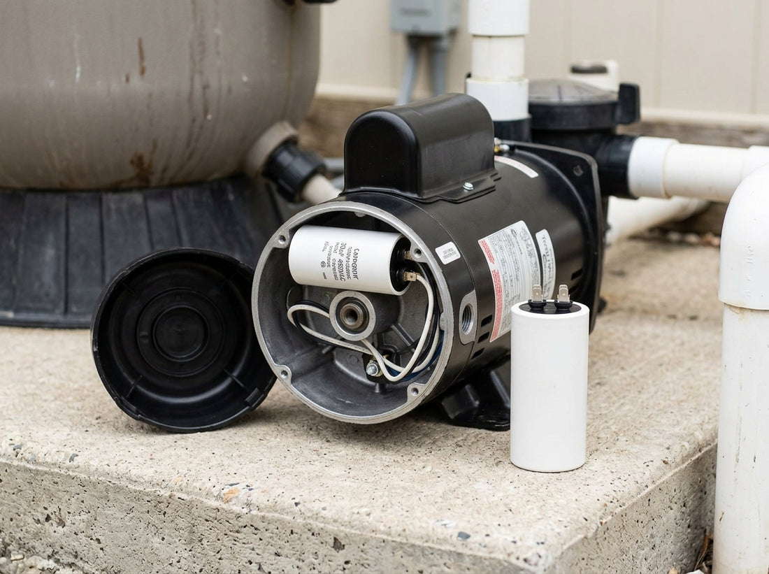 Pool pump motor capacitor exposed for replacement on a daylight equipment pad