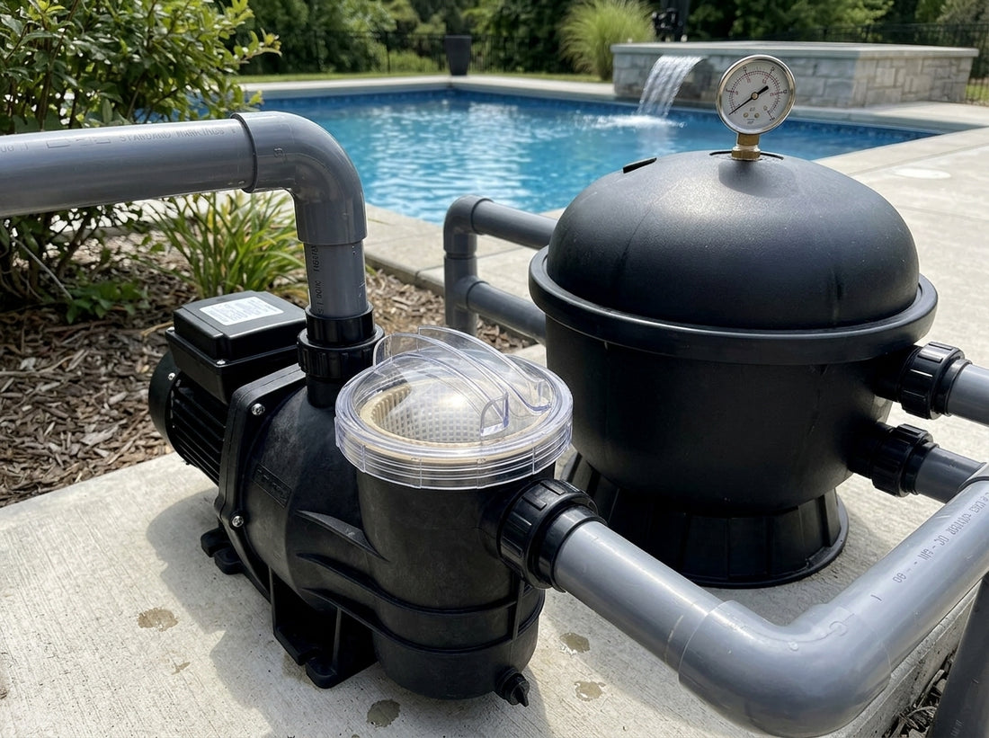 Pool pump and filter pressure gauge close-up on a daylight equipment pad