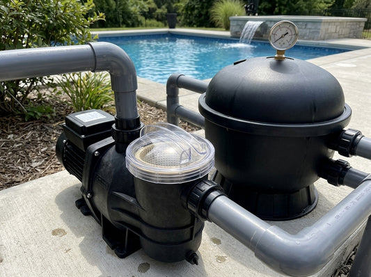Pool pump and filter pressure gauge close-up on a daylight equipment pad